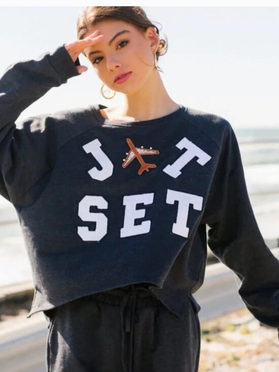 Judith March Tops - Judith March Jet Set Sweatshirt Pullover Cropped Cotton Rhinestone Gray Medium